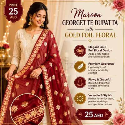 Maroon Georgette Dupatta with Gold Foil Floral