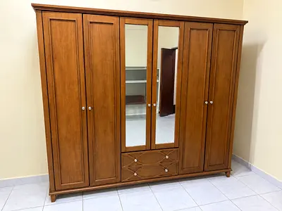 Solid Wood 6-Door Wardrobe with Mirrors - Good Condition