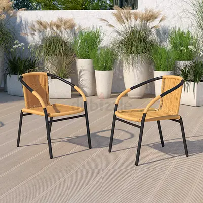 Set of 2 Outdoor Wicker/Rattan Dining Chairs with Metal Frame