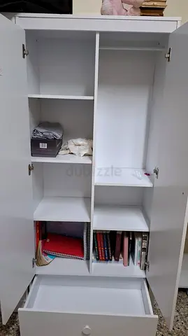 White freestanding wardrobe with shelves and drawer - excellent as new condition