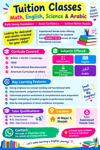 Tuition Classes–Math, English, Science & Arabic by Qualified & Experienced Female Tutor | Al Majaz3