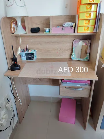 Compact wooden study desk with hutch and drawer - light oak, good condition