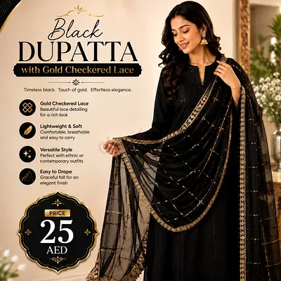 Black Dupatta with Gold Checkered Lace
