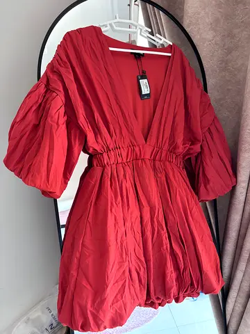 Red Puff-Sleeve Mini Dress - Size Tag Attached