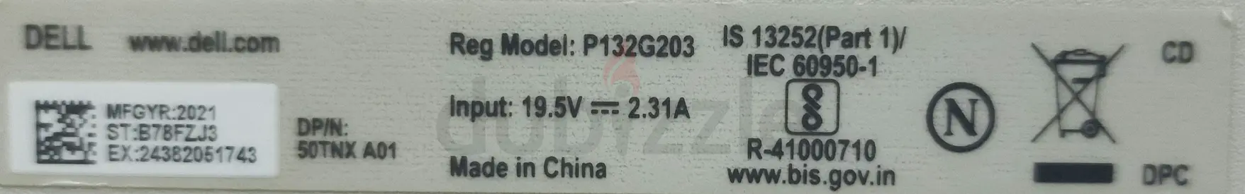 Dell laptop power adapter label (19.5V, 2.31A) - genuine unit info