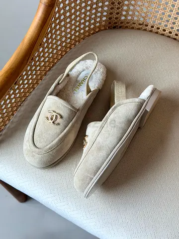Beige Chanel Shearling Backless Loafers - Size Noted in Photos