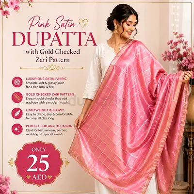Pink Satin Dupatta with Gold Checked Zari Pattern
