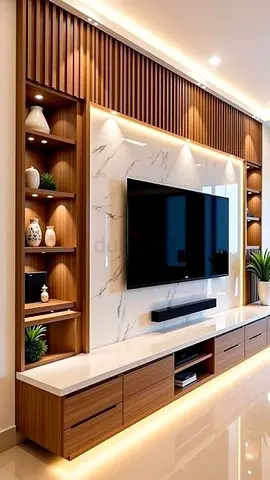 Modern wooden TV entertainment unit with marble panel and shelving
