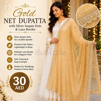 Gold Net Dupatta with Silver Sequin Dots & Lace Border