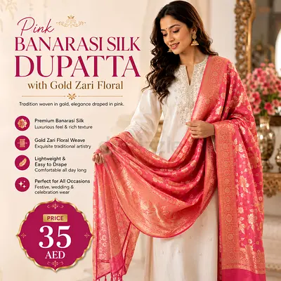 Pink Banarasi Silk Dupatta with Gold Zari Floral