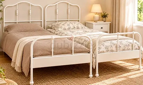 Pair of White Metal Single Beds with Vintage Headboards - Good Condition