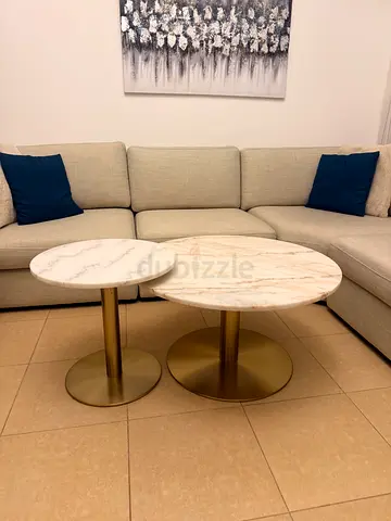 Set of 2 Round Marble Top Nesting Coffee Tables with Brass Base 50x50cm height large 80cmx46 height