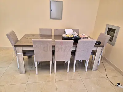 Wooden Extendable Dining Table with 8 Beige Upholstered Chairs