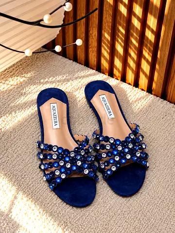 Aquazzura navy suede crystal-embellished slide sandals, size not specified