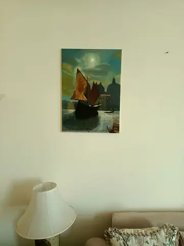 Midnight at Venice Painting of Sailboat at Moonlight (Wall Art)