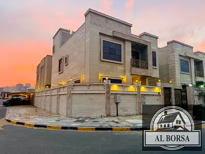 Villa for rent – ​​Al Zahiyah, Ajman | Corner | 6 master bedrooms, majlis, living room, maid's room | Two floors and roof | Price AED 120,000 per year