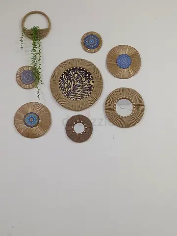 Set of 7 Decorative Rattan Wall Plaques with Small Hanging Planter