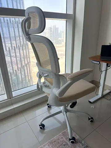 Ergonomic Cream Mesh Office Chair with Headrest and Lumbar Support