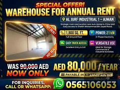 EXCLUSIVE WAREHOUSE OFFER – AL JURF INDUSTRIAL AREA 1, AJMAN 1800sqft