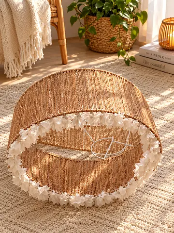 Handmade Natural Jute Pendant Lamp Shade with Floral Trim