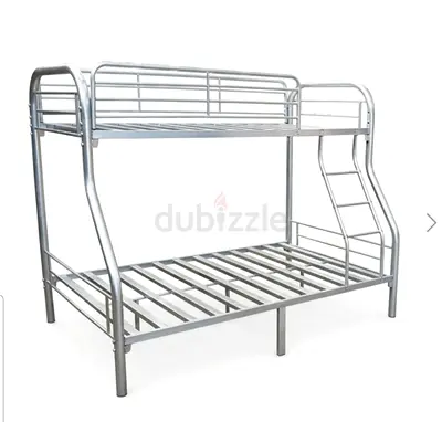 White dual metal bunk bed with bottom double frame & top twin single — good condition