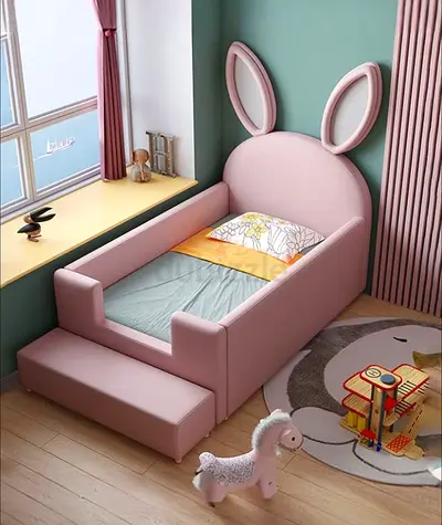 Pink Bunny Toddler Bed with Step - Cushioned Headboard and Side Rails