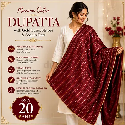 Maroon Satin Dupatta with Gold Lurex Stripes & Sequin Dots