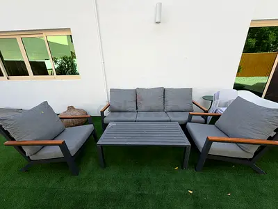 Outdoor 4-piece Sofa Set with Coffee Table — Grey Cushions, Wooden Arms