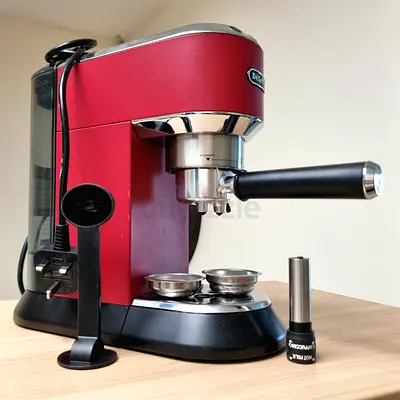 Delonghi red espresso machine with portafilter and accessories