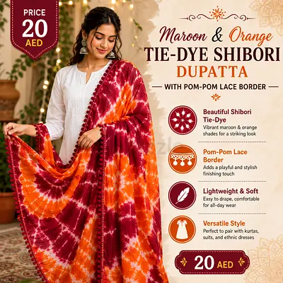 Maroon & Orange Tie-Dye Shibori Dupatta with Pom-Pom Lace