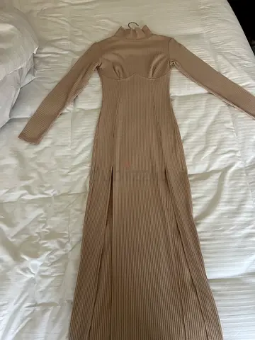 Beige ribbed long-sleeve maxi dress, size S
