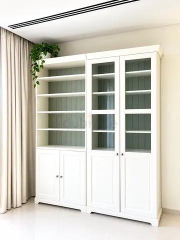 White Wooden Display Cabinet with Glass Doors and Open Shelves