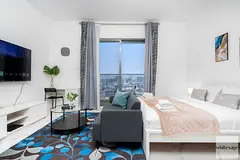 Modern Furnished Studio + Private Balcony in JVC | Golden Dream | Flexible Monthly Rent