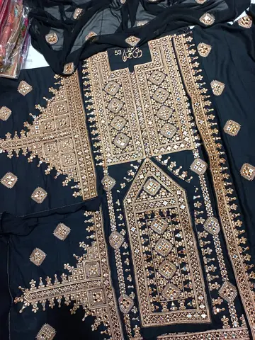 Balochi doch Black traditional embroidered salwar kameez set with gold threadwork