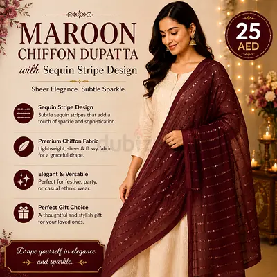 Maroon Sequin Stripe Chiffon Dupatta