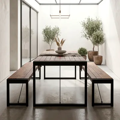 Wooden dinning table with 2 benches