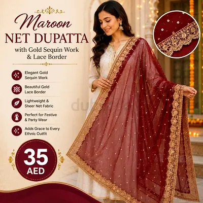 Maroon Net Dupatta with Gold Sequin Work & Lace Border