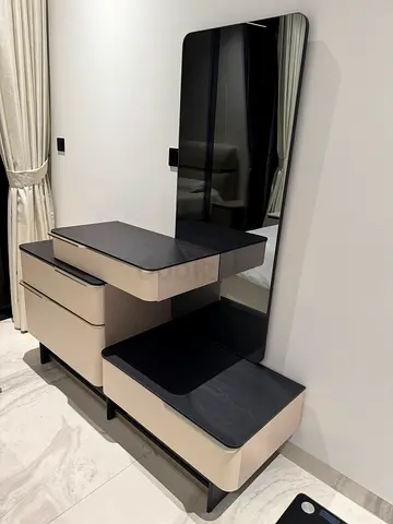 Modern beige and black dressing table with mirror and stool set