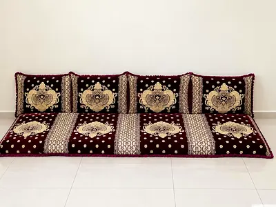 Luxury - Floor Seating Majlis Set - Burgundy Floral Cushions and Mattress