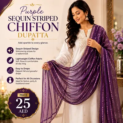 Purple Sequin Striped Chiffon Dupatta