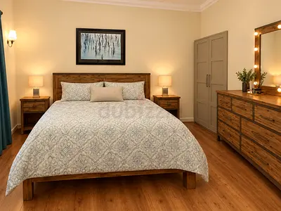 Brown Wood King Bed Frame (mattress included) with Matching Nightstands and Dresser