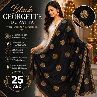 Black Georgette Dupatta with Gold Zari Medallion