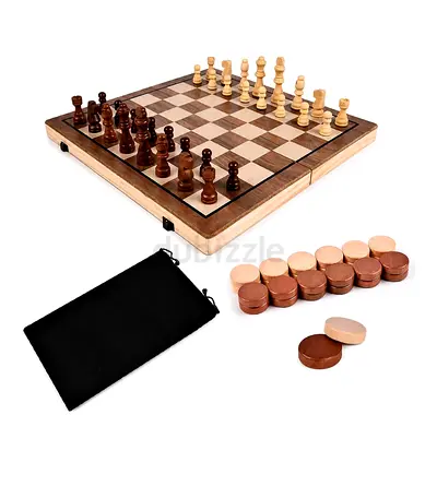 Wooden Magnetic Chess and Checkers Set - Foldable Travel Board