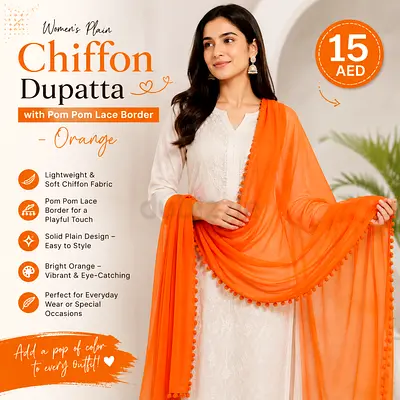 Bright Orange Chiffon Dupatta with Pom Pom Lace Border