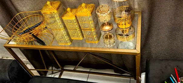 Gold Metal Console Table with Glass Top - Modern Entryway Table