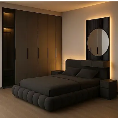 Modern dark upholstered platform bed with wardrobe and bedside tables - complete set