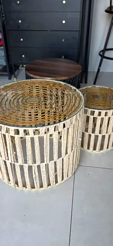 Pair of woven rattan nesting side tables / baskets (natural finish)