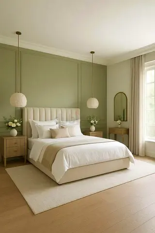Beige upholstered bed with matching nightstands