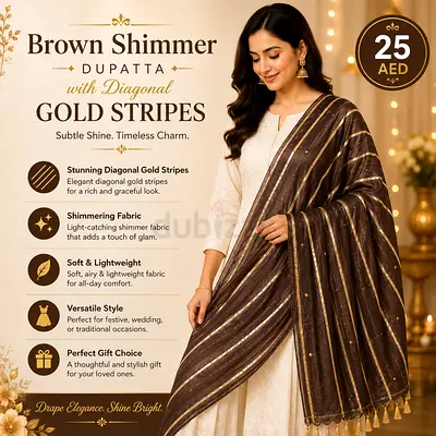 Brown Shimmer Dupatta with Diagonal Gold Stripes