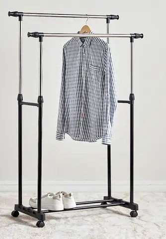 Adjustable Double Clothing Rail on Wheels with Bottom Shoe Rack